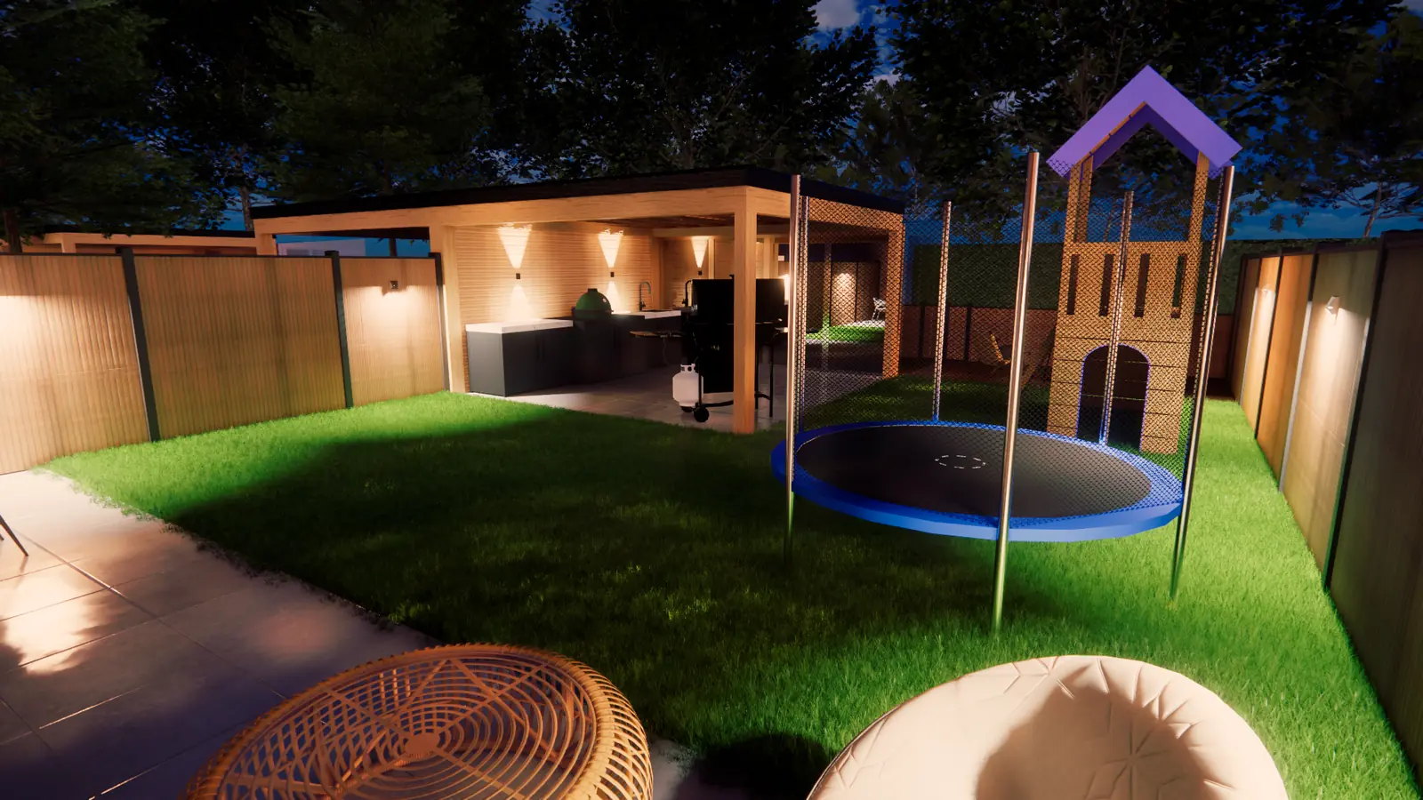 3D-ontwerp bij avond: de buitenkeuken onder de verlichte overkapping