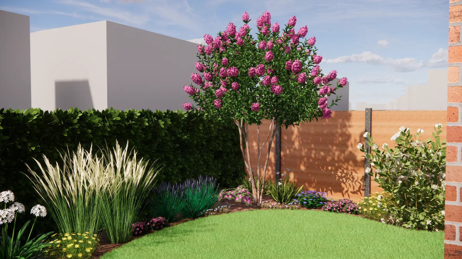 3D-ontwerp van een border met siergras onder een boom met roze bloei