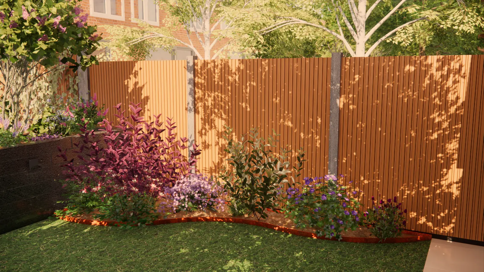 3D-ontwerp van een gebogen border met roodbladige heesters langs de schutting