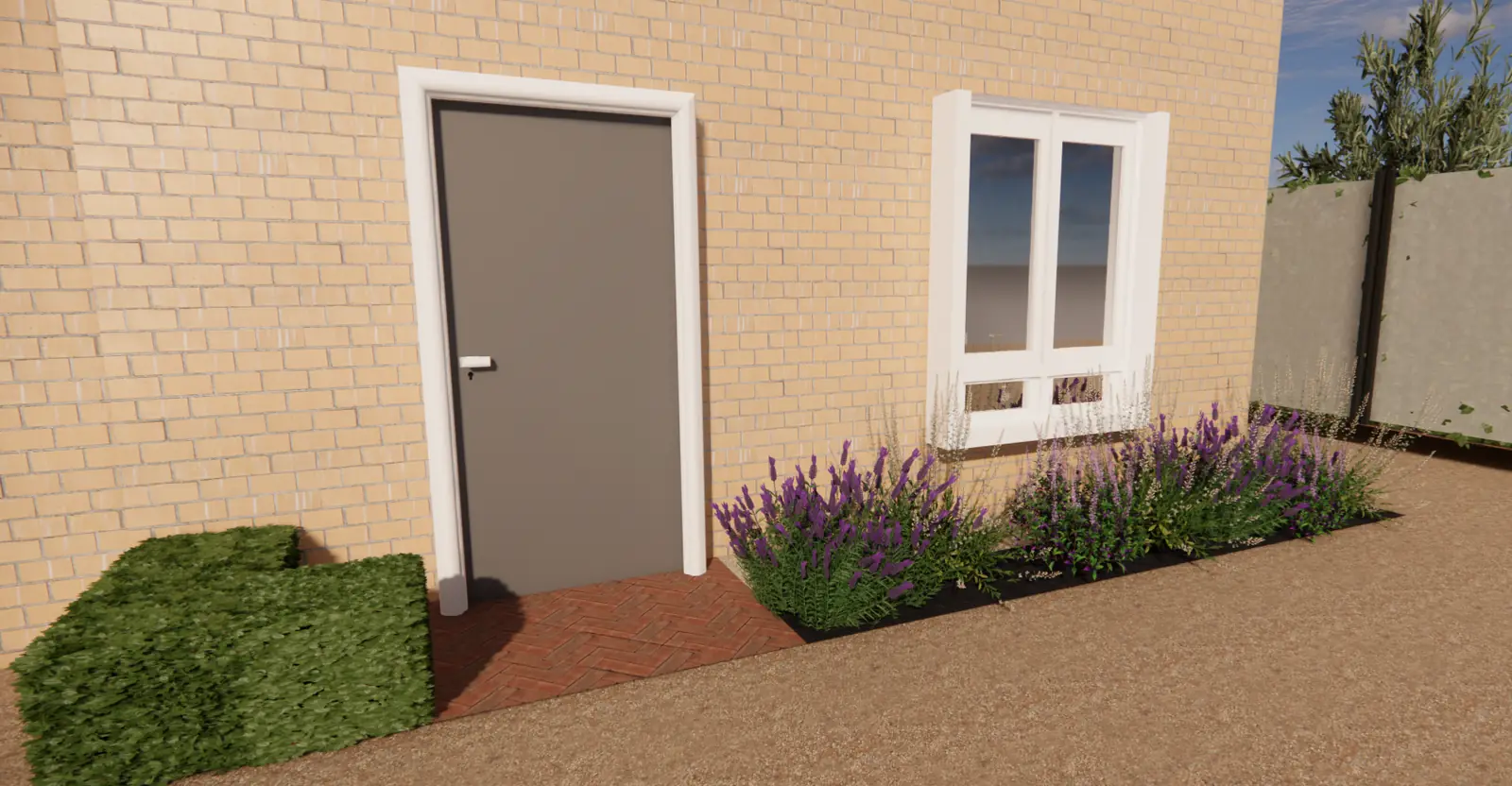 3D-ontwerp van lavendel langs de gevel aan de zijkant van de woning