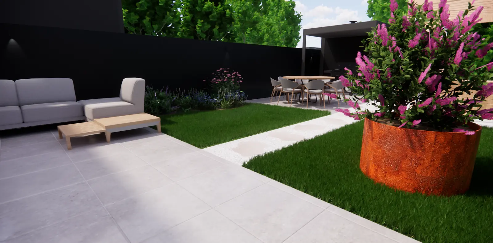 3D-ontwerp van een loungeset en een cortenstalen bak met vlinderstruik