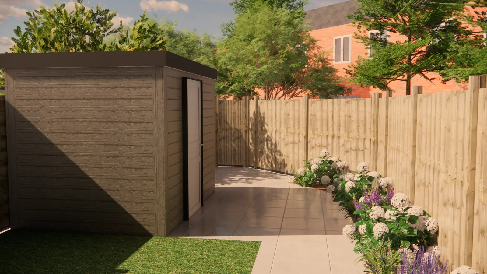 3D-ontwerp van het pad langs de border naar de houten berging