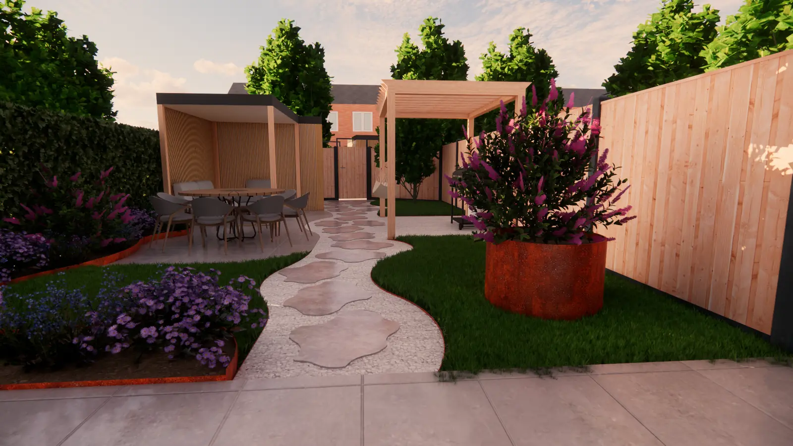 3D-ontwerp van een pad van flagstones naar een overkapping in een tuin in Rotterdam