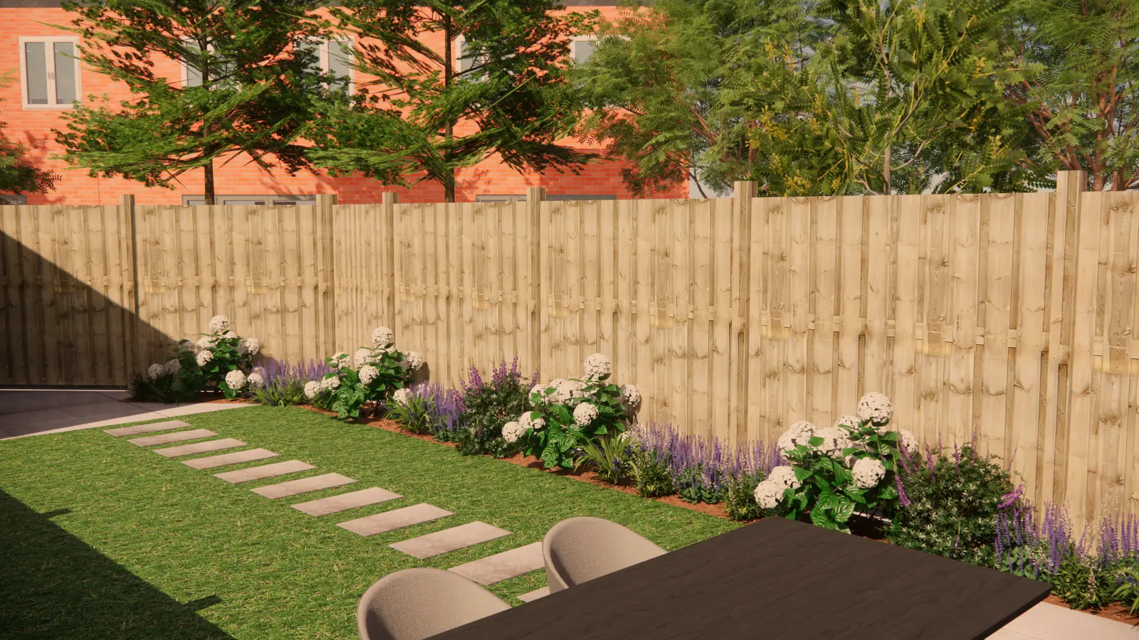 3D-ontwerp van staptegels in het gras met hortensia's en lavendel