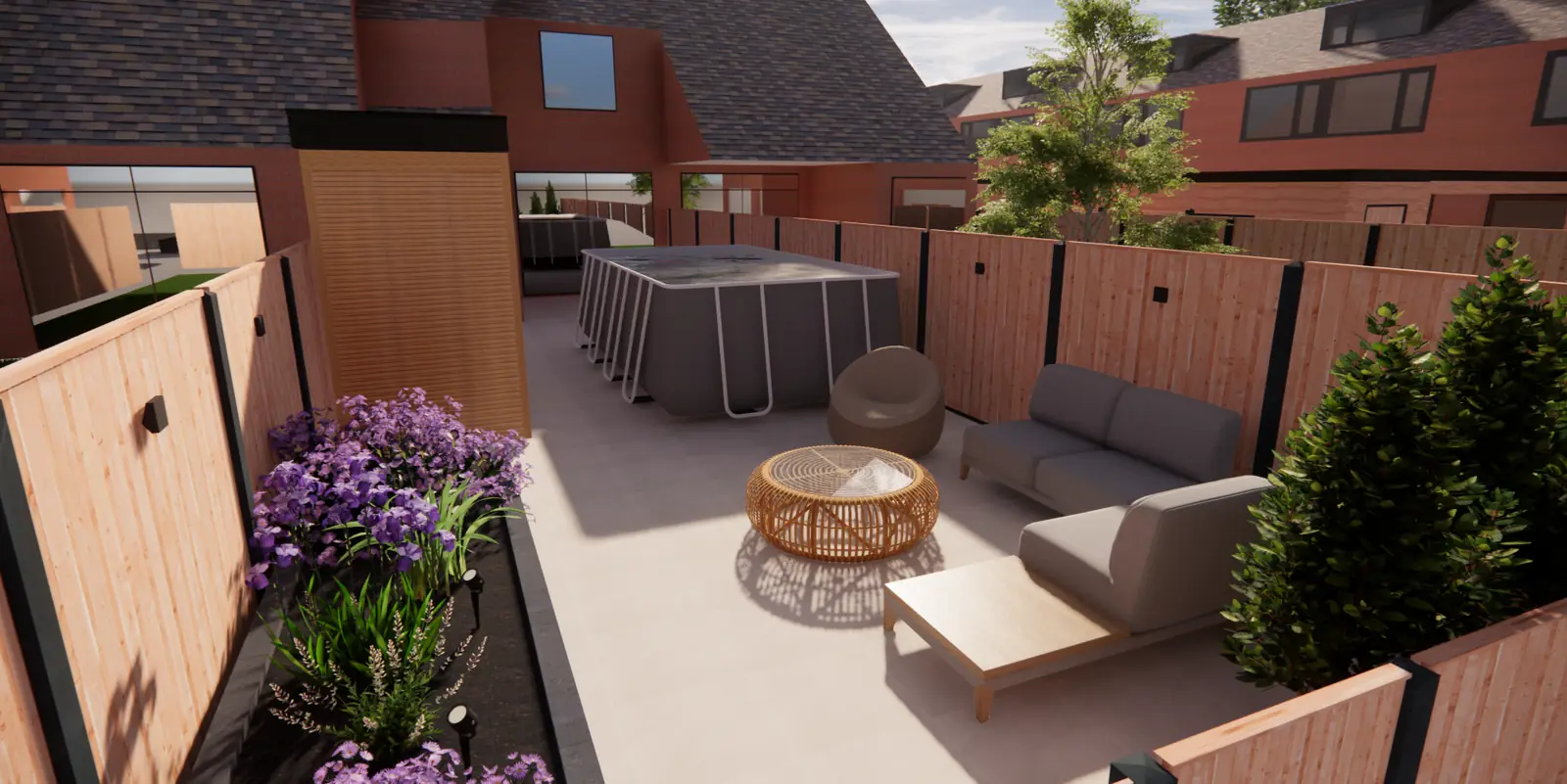 3D-ontwerp van een terras met loungeset en opzetzwembad in een tuin in Rotterdam