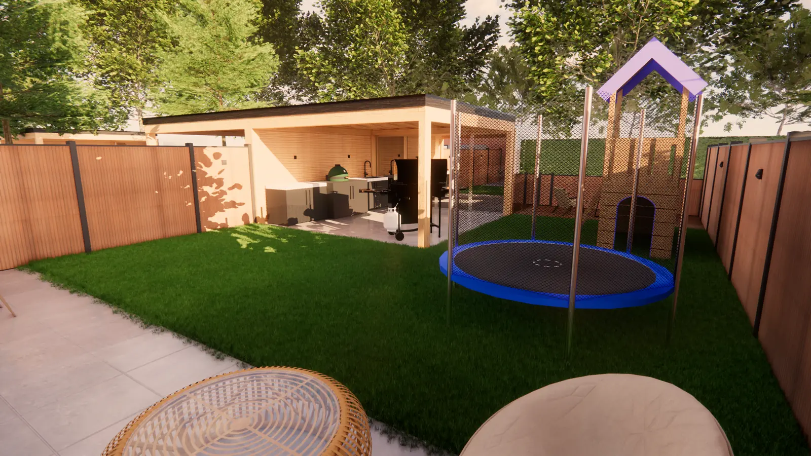3D-ontwerp van een trampoline en speeltoren in het gras van een tuin in Rotterdam