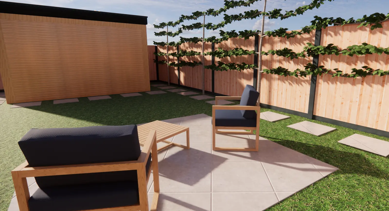 3D-ontwerp van twee fauteuils op een vierkant terras met leibomen erachter